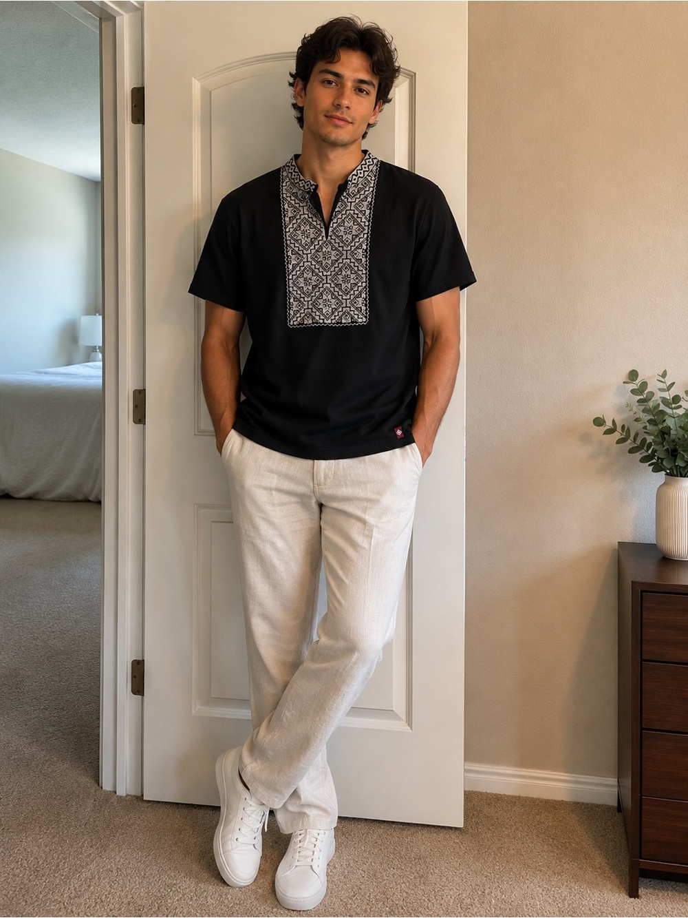 Black Short-Sleeve Polo with Embroidered Bib. Ukrainian. Veshevanka
